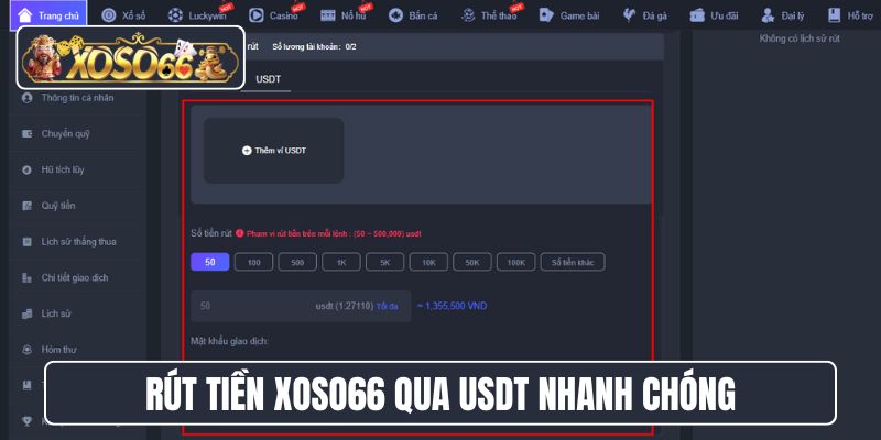 Rút tiền XoSo66 qua USDT nhanh chóng